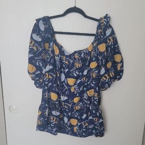 Navy Blue and Yellow Leaf Print Women's Top